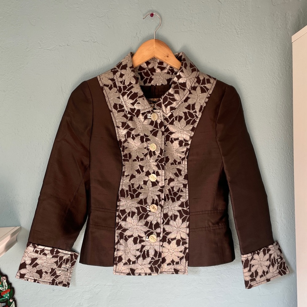 dolce & gabbana floral metallic button up jacket. brown silver silk logo